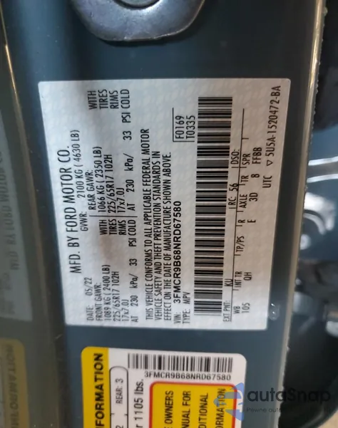 2022 Ford Bronco Sport Big Bend из США, поврежденный, VIN 3FMCR9B68NRD67580